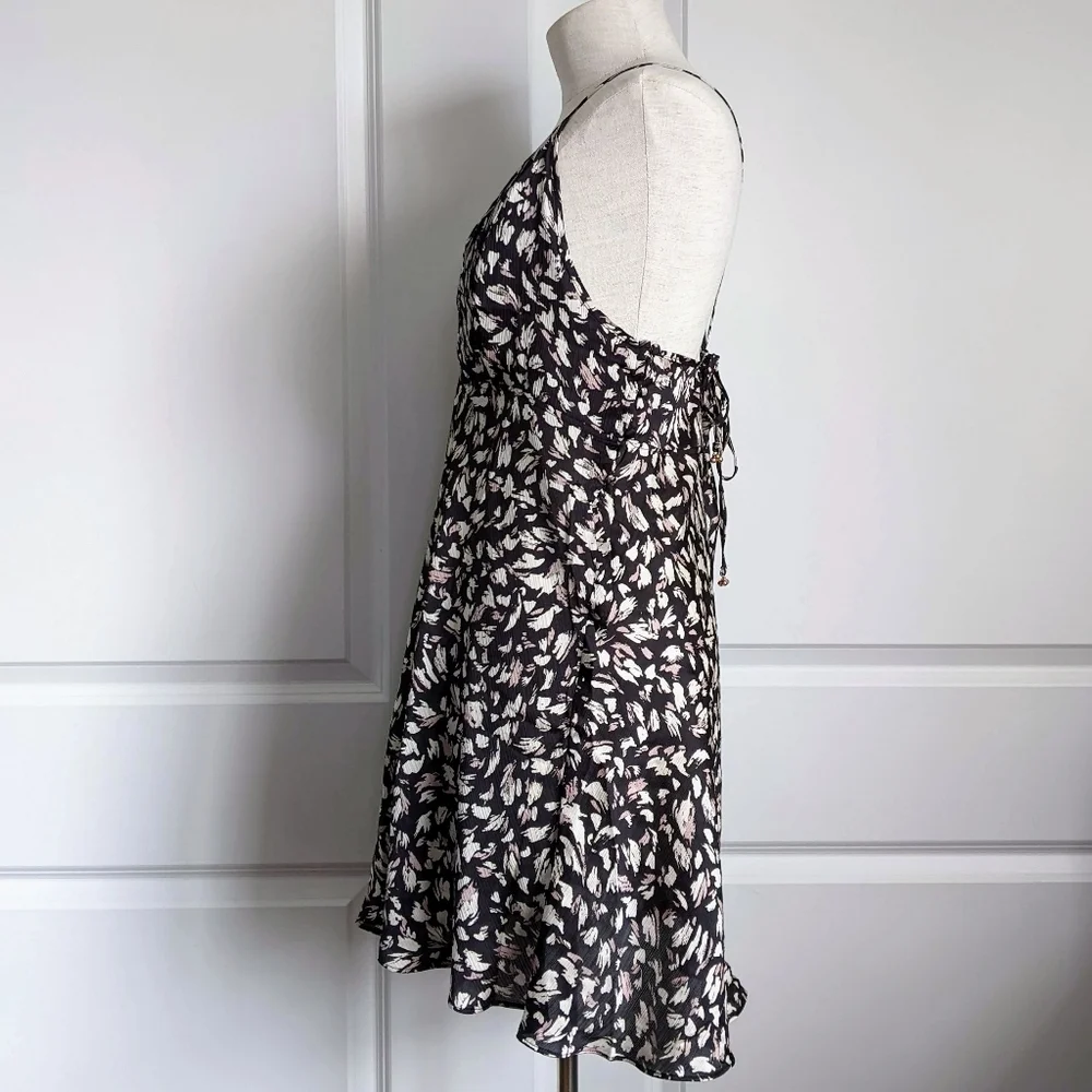 Free People Mini Dress Halter V-Neck Sleeveless Open Back Self Ties Black L NWT